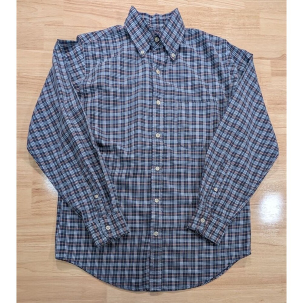 Lands' End Button Down Plaid Shirt Small S 14-14.5 Blue Orange 100% Cotton LS